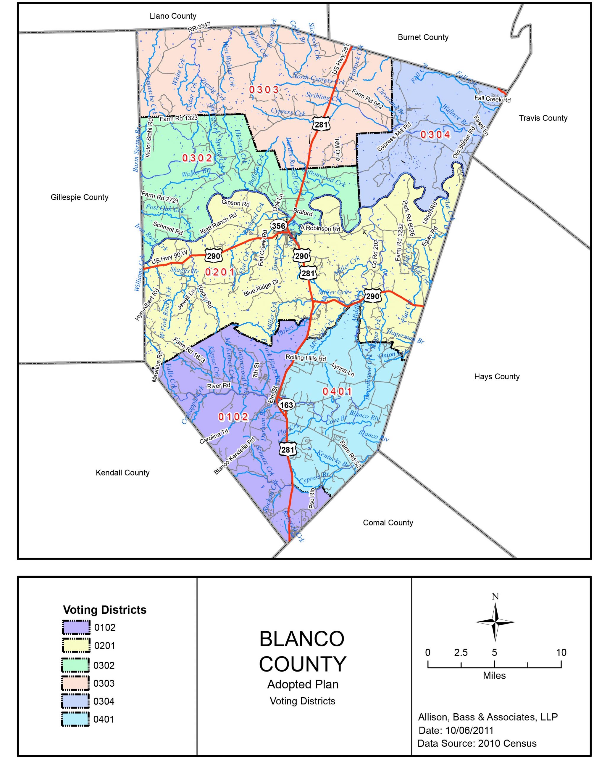 Blanco County voting precinct district map showing districts 0102, 0201, 0302, 0303, 0304, 0401