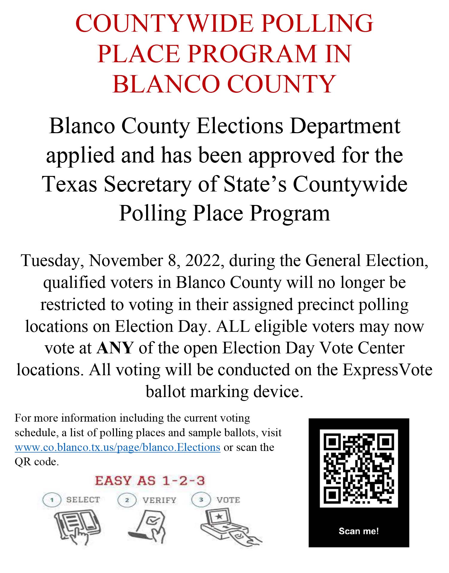 Blanco County Countywide Polling Place Program announcement poster